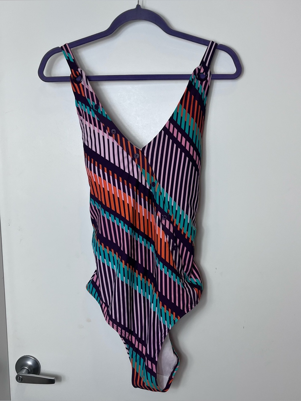 Long Tall Sally Geometric Striped Swimsuit Purple Blue Size 10 One Piece